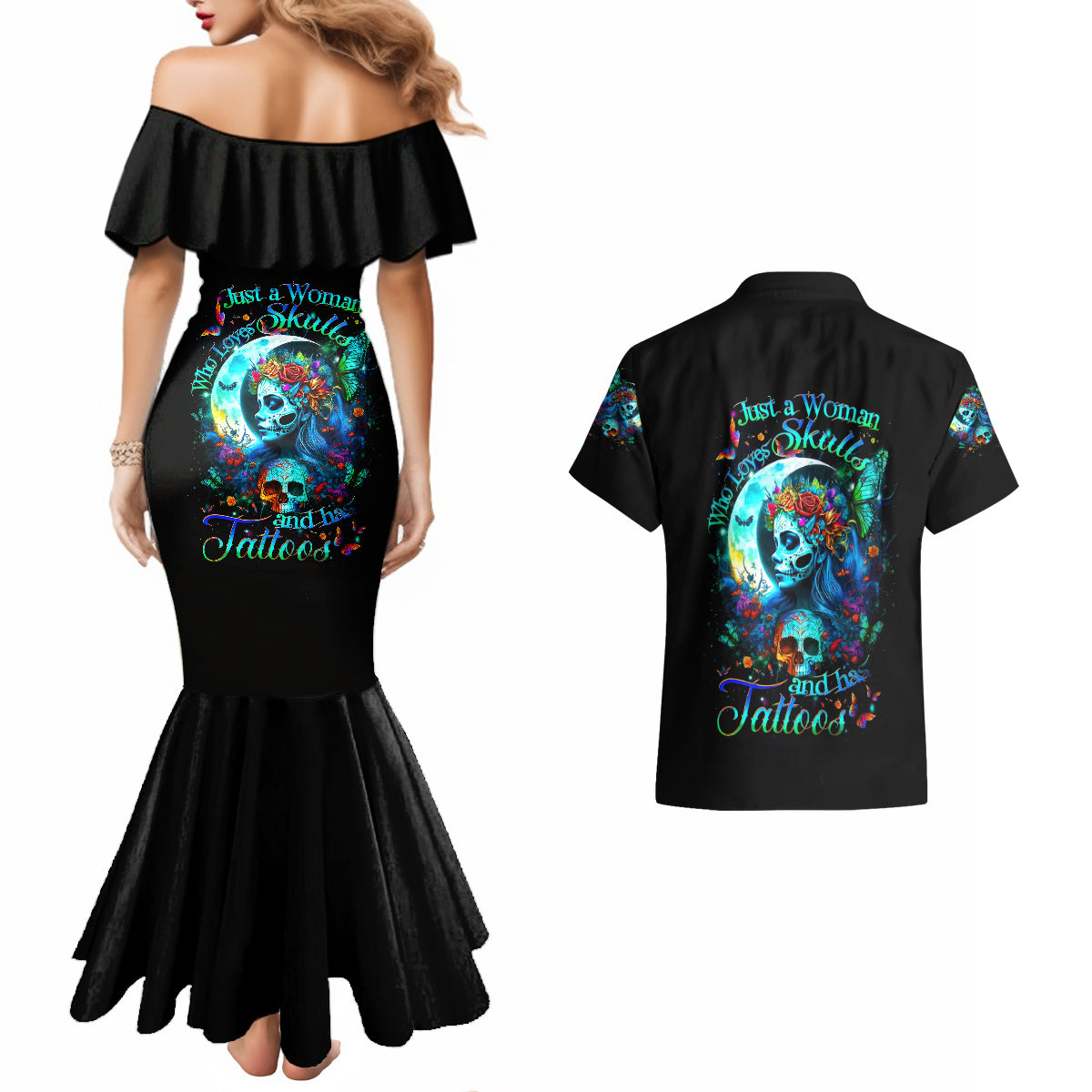 Fairy Skull Couples Matching Mermaid Dress and Hawaiian Shirt Just The Woman Who Loves Skull And Tattoo - Wonder Print Shop