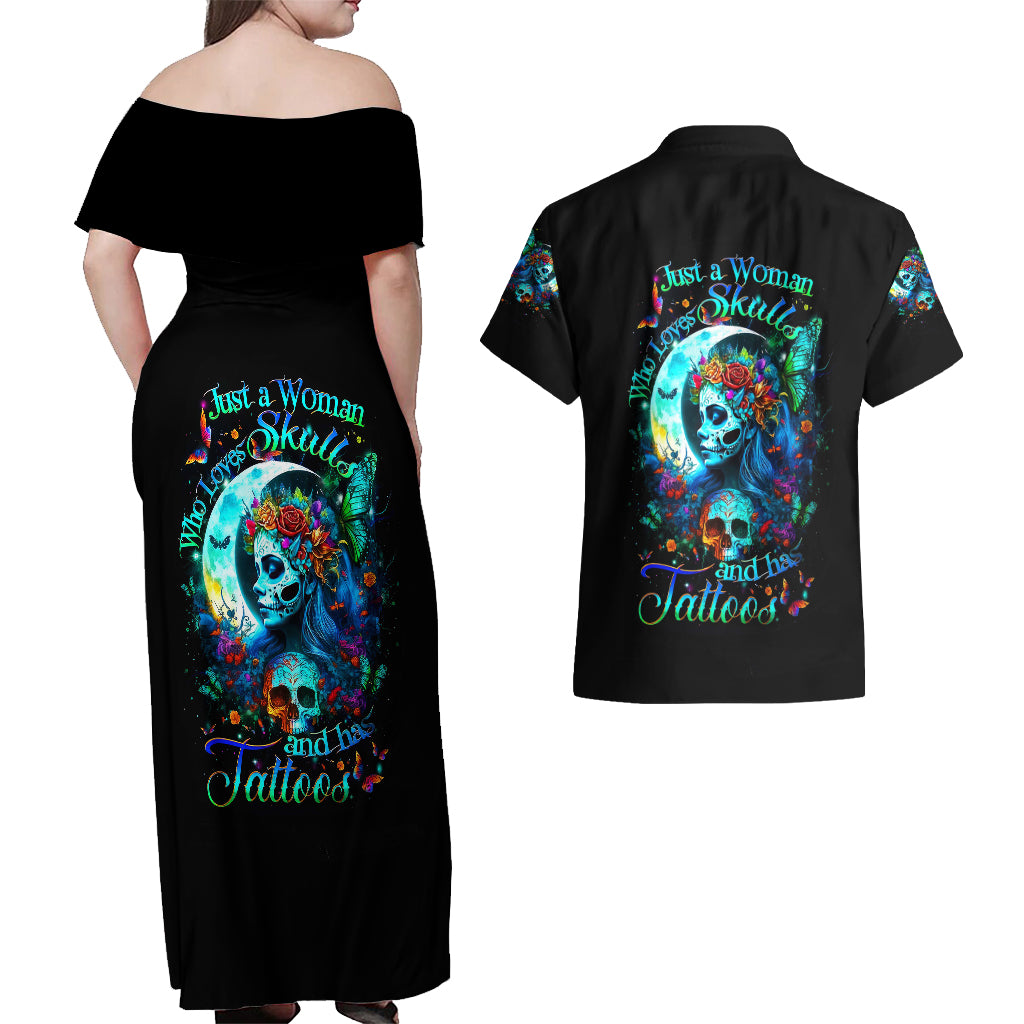 Fairy Skull Couples Matching Off Shoulder Maxi Dress and Hawaiian Shirt Just The Woman Who Loves Skull And Tattoo - Wonder Print Shop