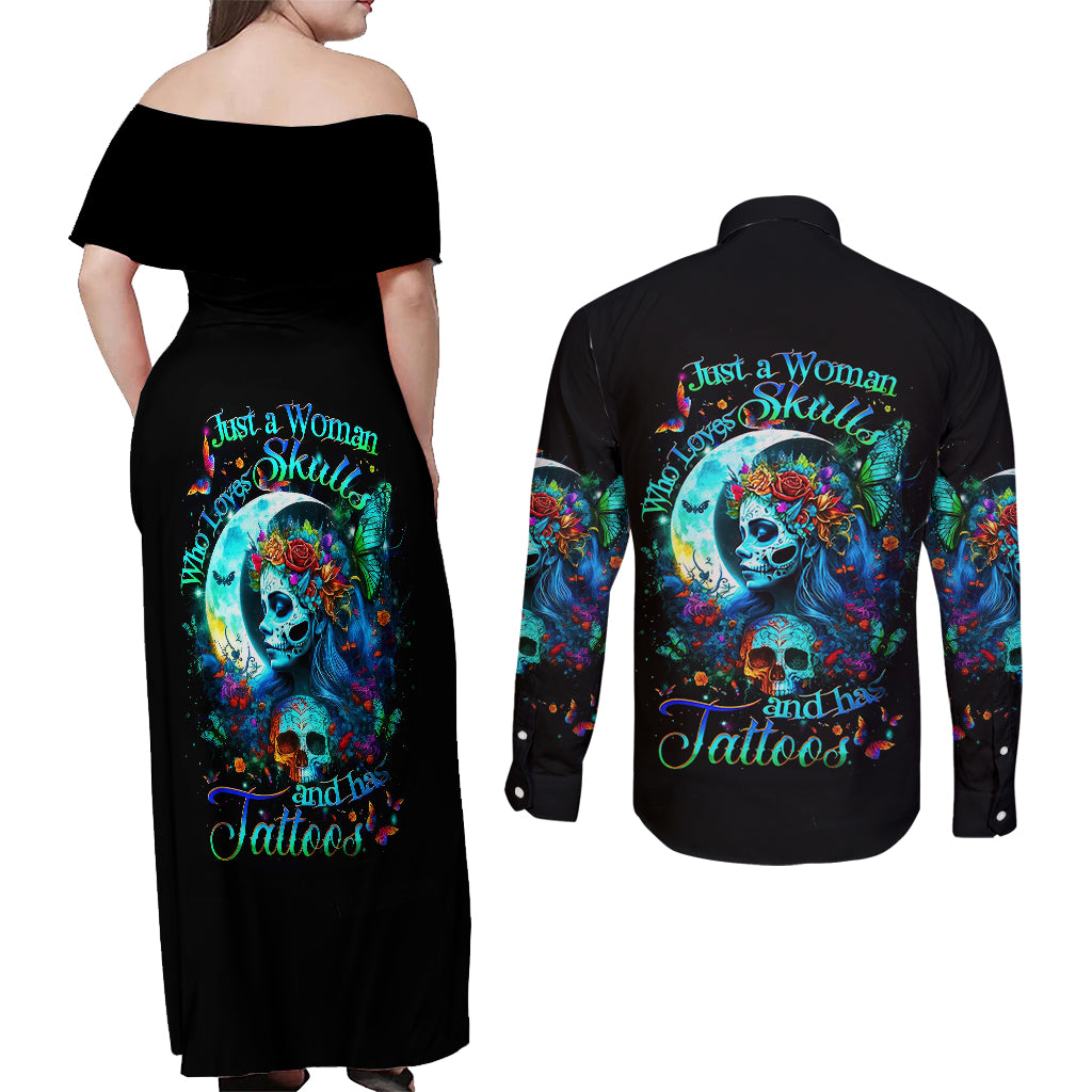 Fairy Skull Couples Matching Off Shoulder Maxi Dress and Long Sleeve Button Shirts Just The Woman Who Loves Skull And Tattoo - Wonder Print Shop