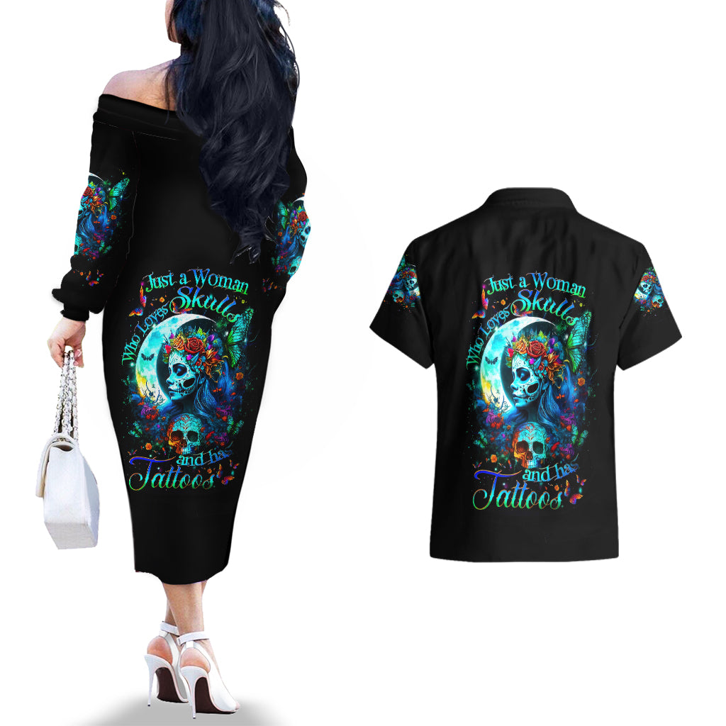 Fairy Skull Couples Matching Off The Shoulder Long Sleeve Dress and Hawaiian Shirt Just The Woman Who Loves Skull And Tattoo - Wonder Print Shop