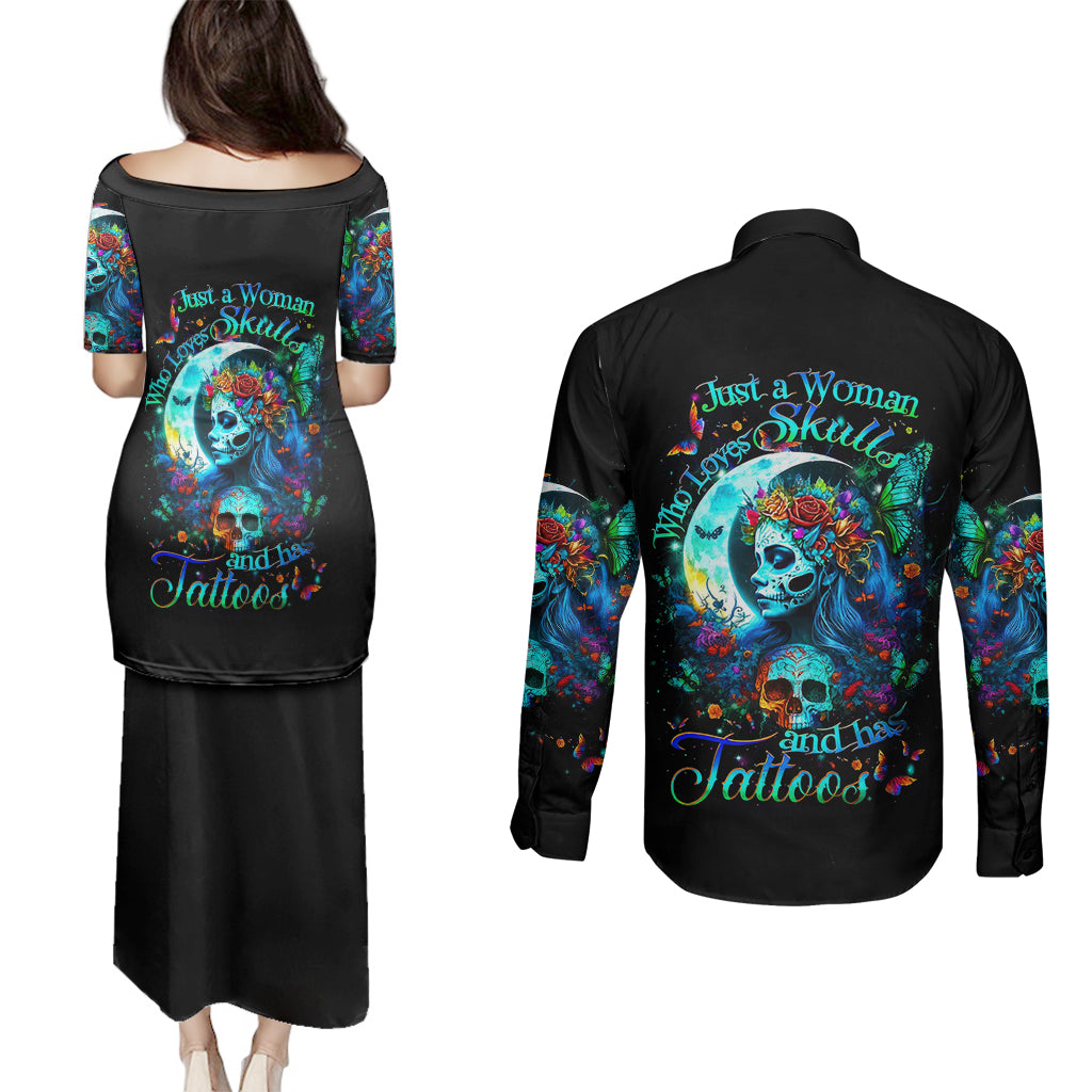 Fairy Skull Couples Matching Puletasi Dress and Long Sleeve Button Shirts Just The Woman Who Loves Skull And Tattoo - Wonder Print Shop