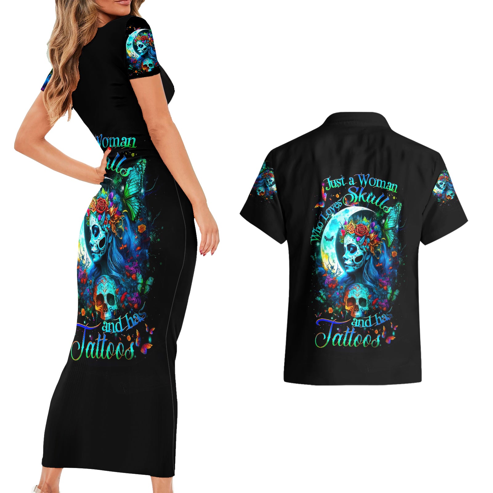 Fairy Skull Couples Matching Short Sleeve Bodycon Dress and Hawaiian Shirt Just The Woman Who Loves Skull And Tattoo - Wonder Print Shop