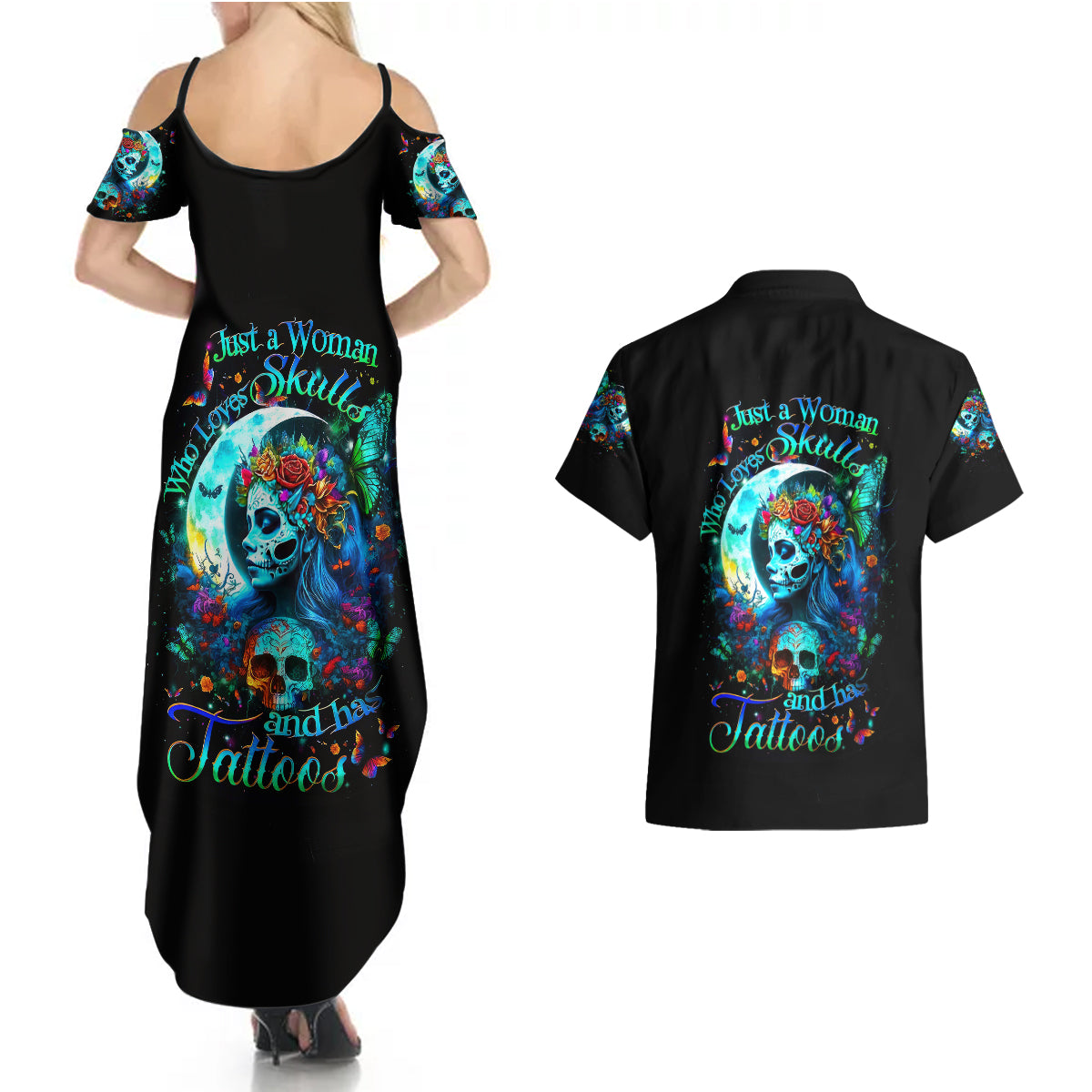 Fairy Skull Couples Matching Summer Maxi Dress and Hawaiian Shirt Just The Woman Who Loves Skull And Tattoo - Wonder Print Shop