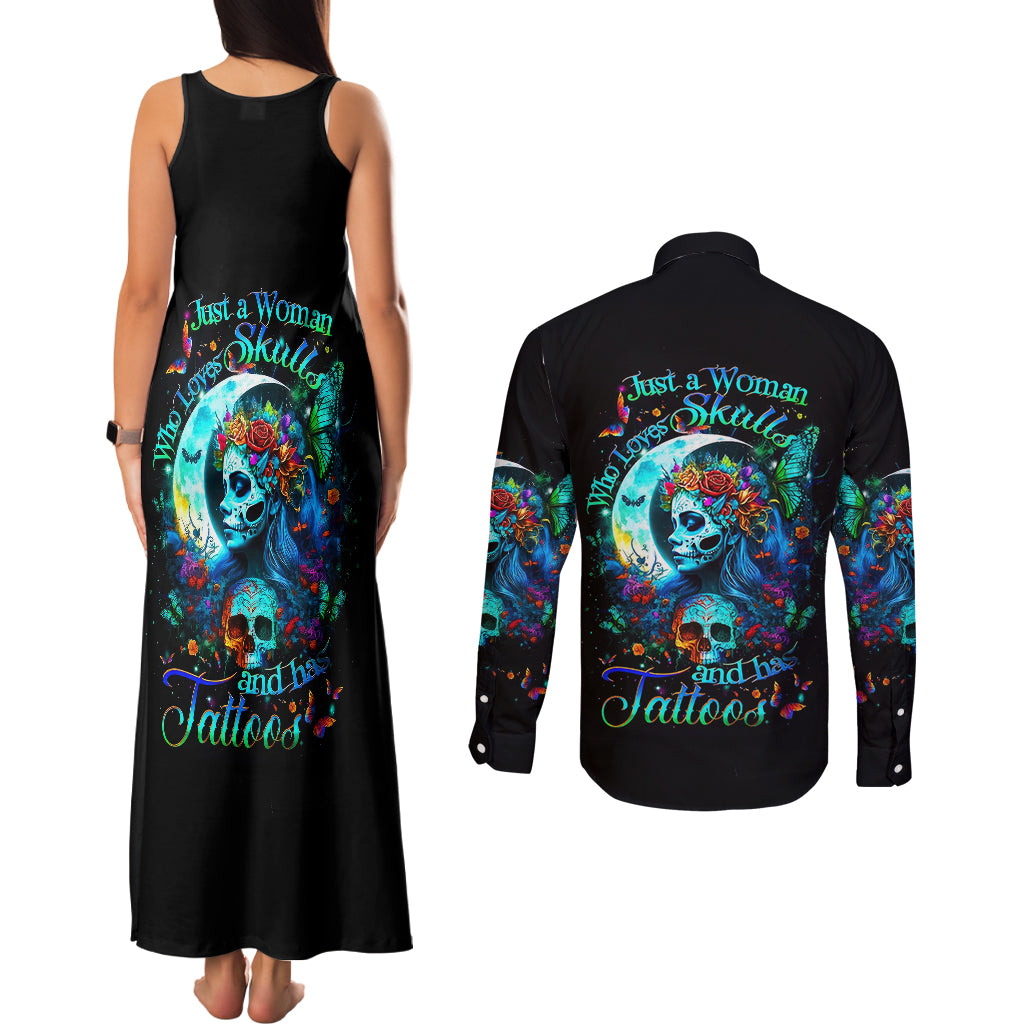 Fairy Skull Couples Matching Tank Maxi Dress and Long Sleeve Button Shirts Just The Woman Who Loves Skull And Tattoo - Wonder Print Shop