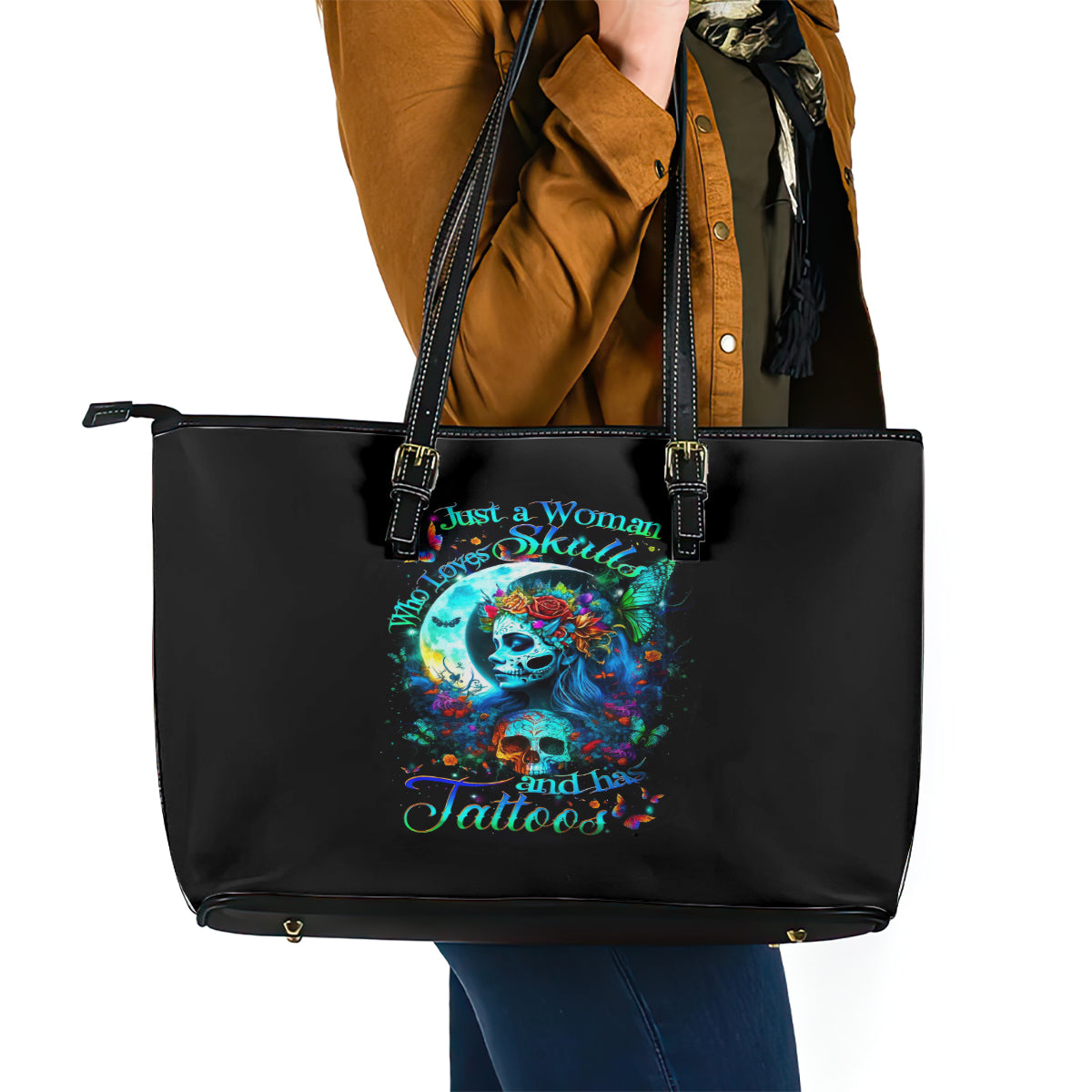 Fairy Skull Leather Tote Bag Just The Woman Who Loves Skull And Tattoo - Wonder Print Shop