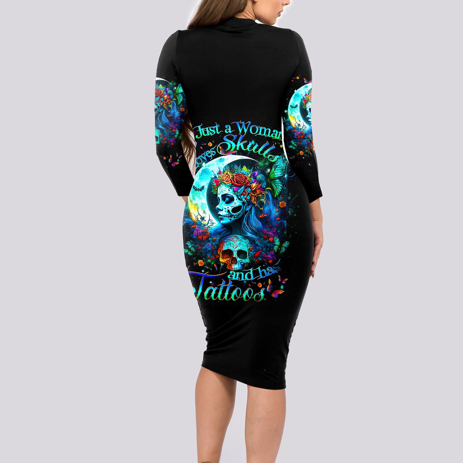 Fairy Skull Long Sleeve Bodycon Dress Just The Woman Who Loves Skull And Tattoo - Wonder Print Shop