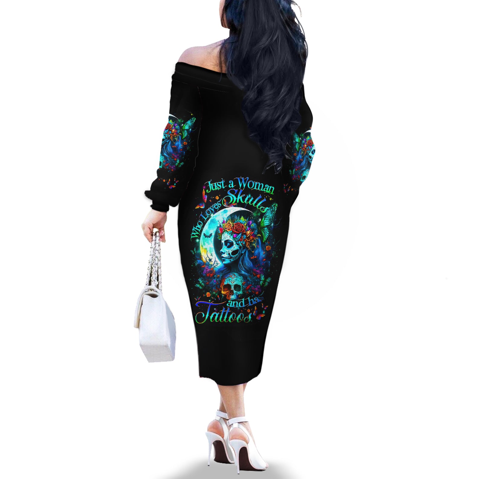 Fairy Skull Off The Shoulder Long Sleeve Dress Just The Woman Who Loves Skull And Tattoo - Wonder Print Shop