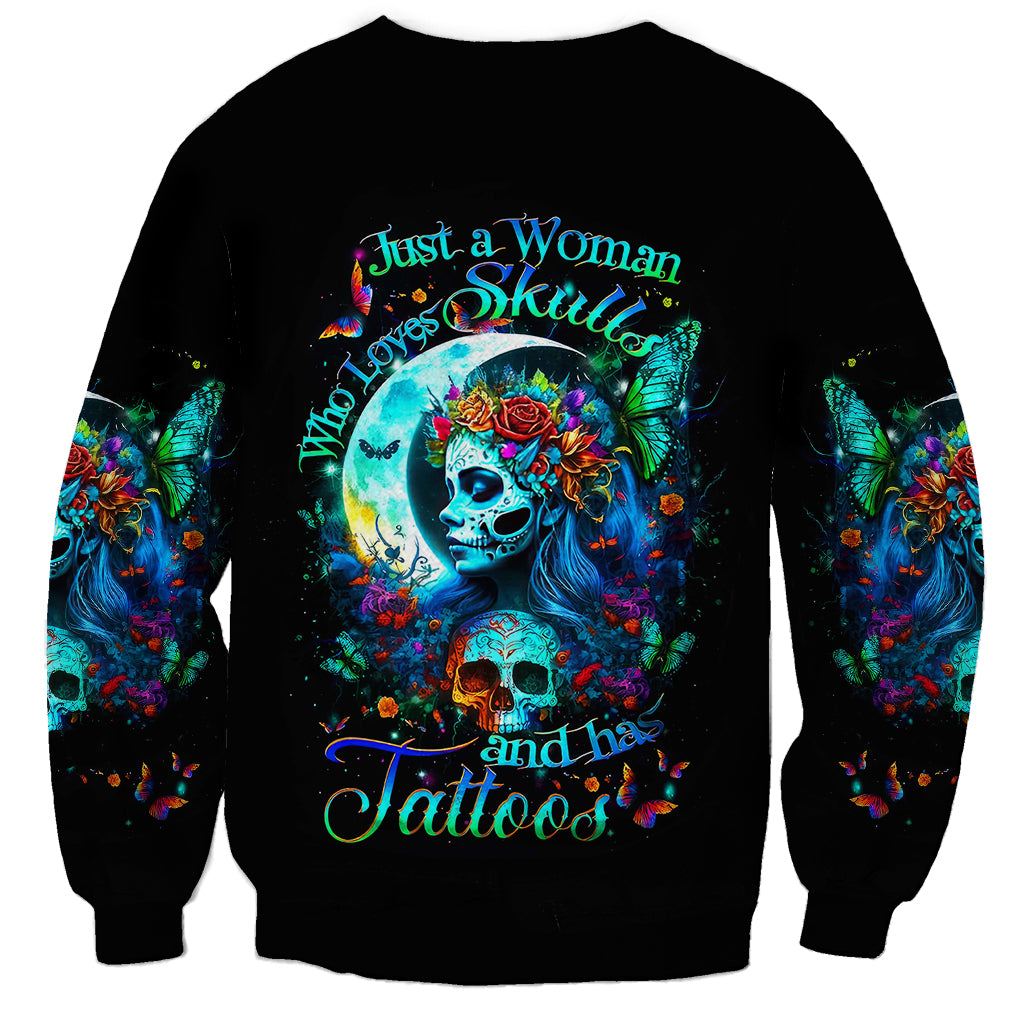 Black crewneck sweatshirt with colorful fairy skull graphic and text, long sleeves