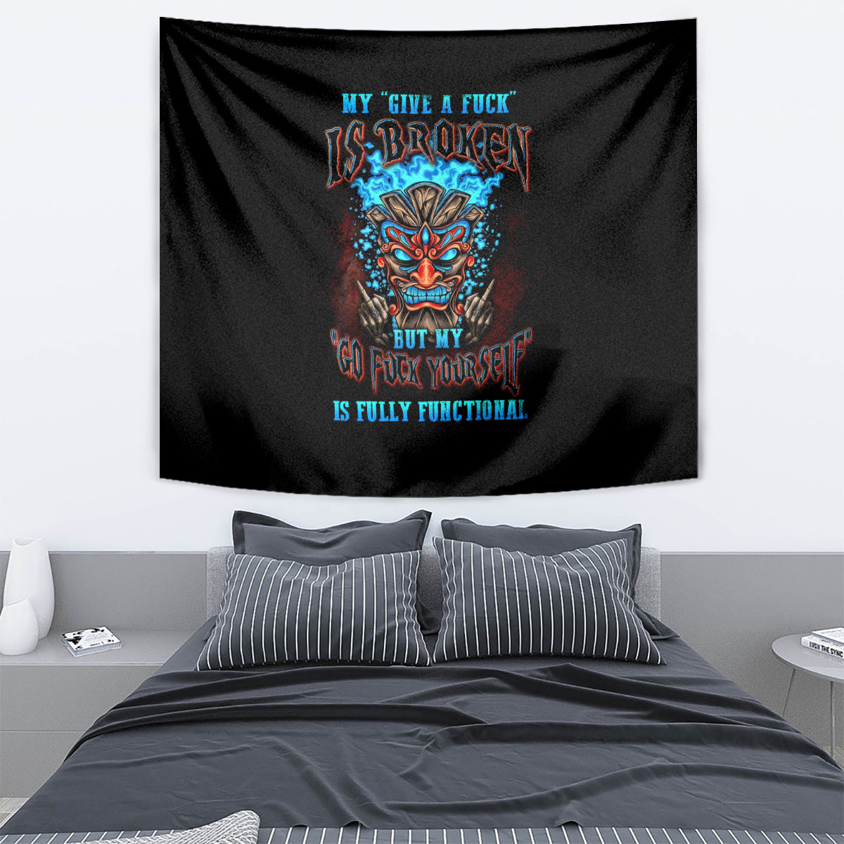 Black skull graphic tapestry with colorful text, rectangular wall hanging