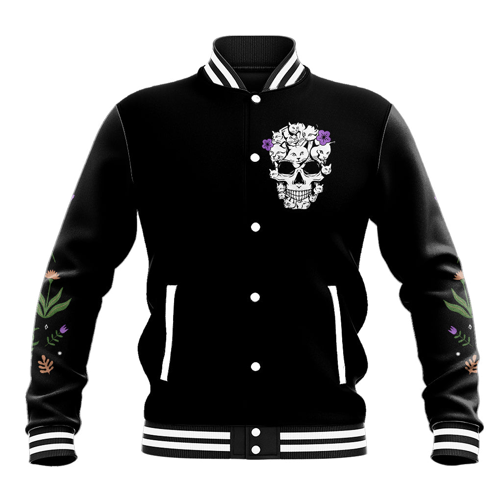 Black baseball jacket with cat skull front graphic, snap buttons, striped ribbed cuffs
