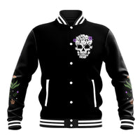 Black baseball jacket with cat skull front graphic, snap buttons, striped ribbed cuffs