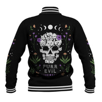 Black baseball jacket with cat skull back graphic and striped ribbed collar