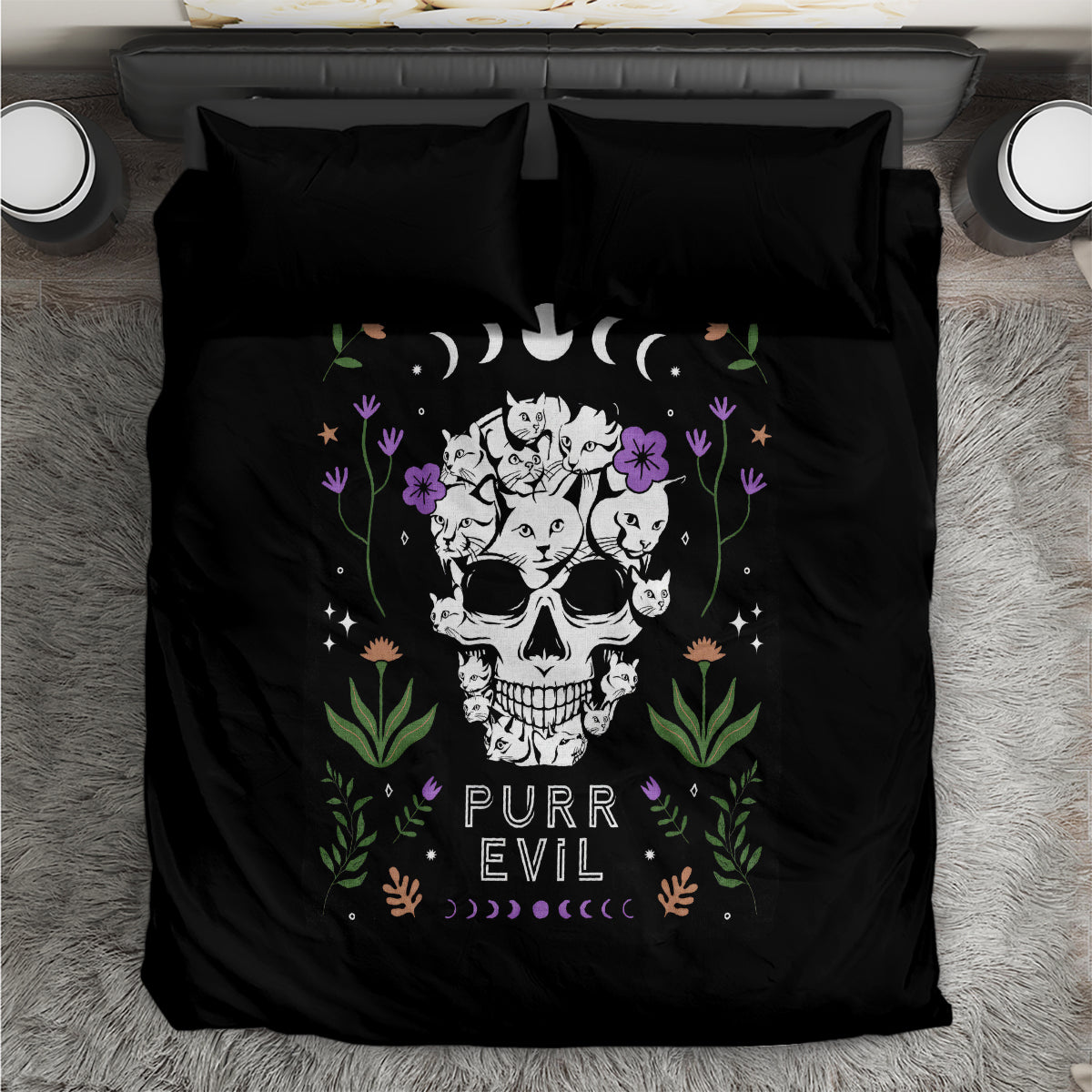 Black cat skull bedding set with colorful PURR EVIL graphic and two matching pillows