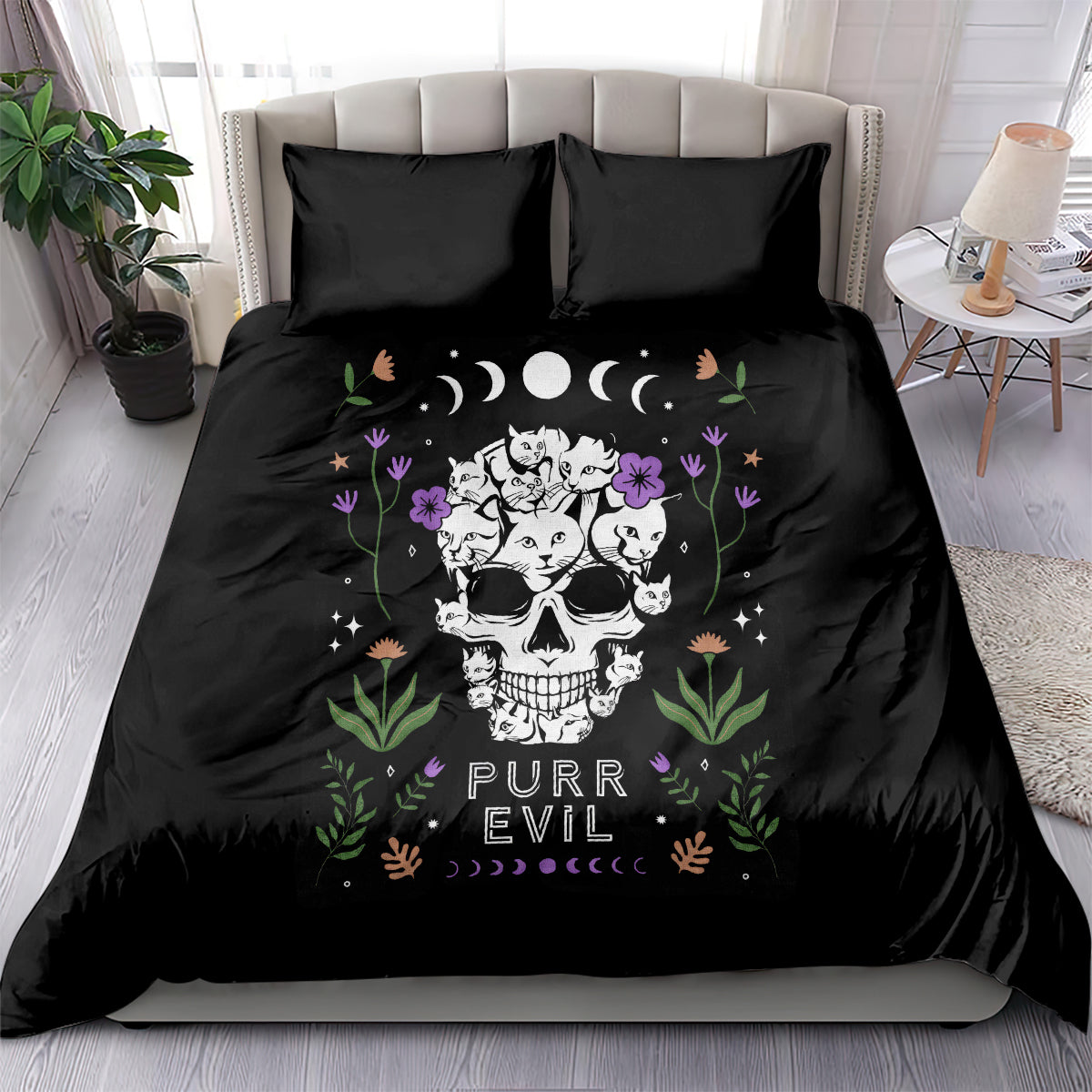 Black cat skull bedding set with colorful floral cat illustration and two matching pillows