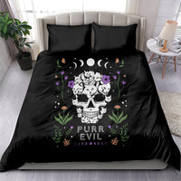Black cat skull bedding set with colorful floral cat illustration and two matching pillows
