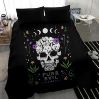 Black cat skull duvet cover with floral cat skull design and PURR EVIL text