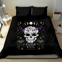 Black cat skull bedding set with PURR EVIL cat illustration and two matching pillowcases