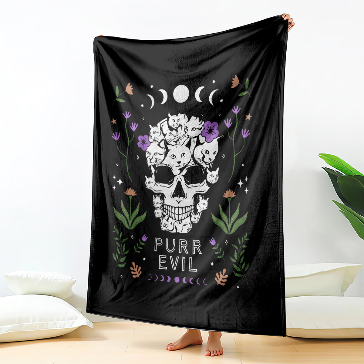 Black cat skull blanket with cats, flowers, moons, and 'PURR EVIL' text