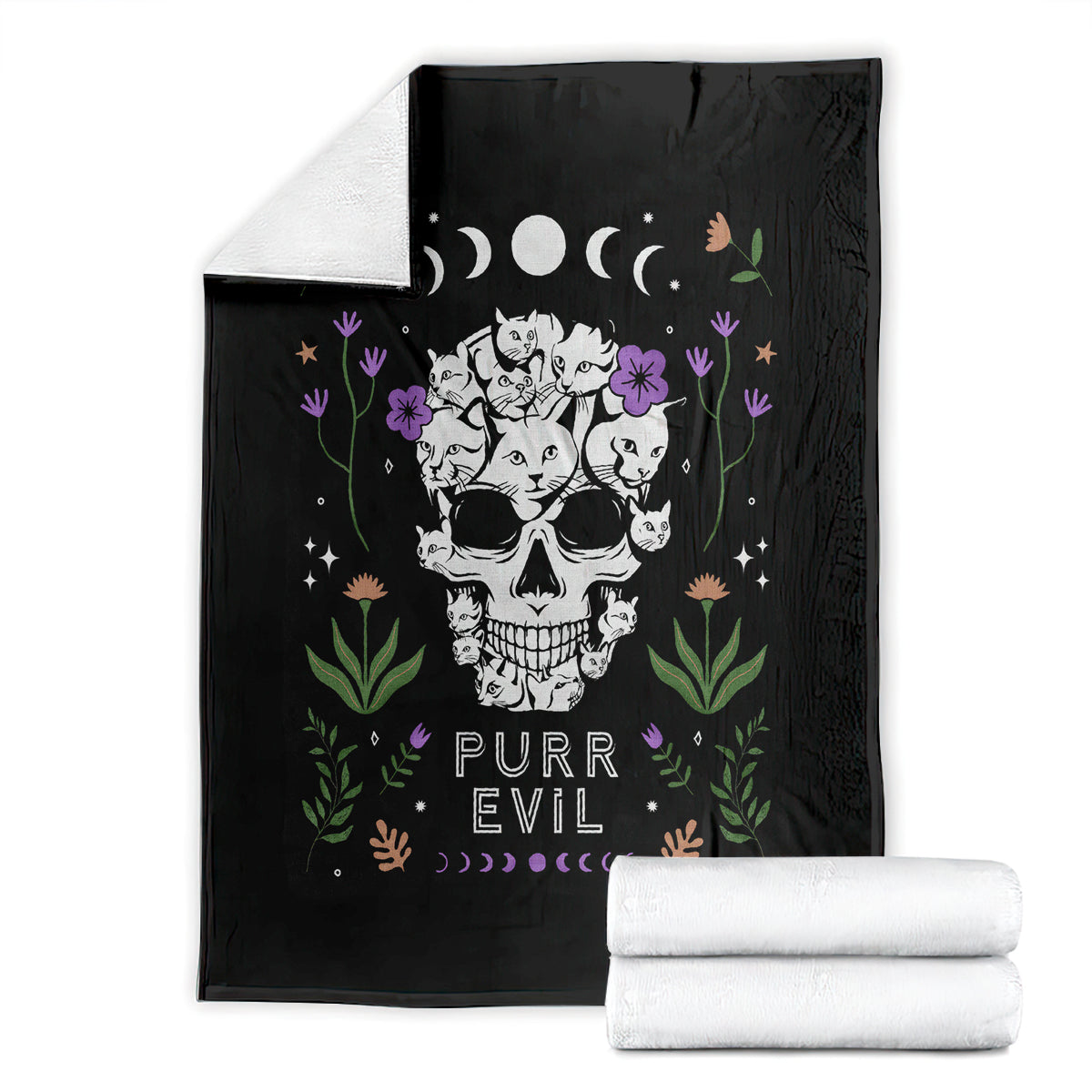 Black cat skull blanket folded flat with cats, flowers, moons, and 'PURR EVIL' text