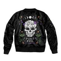 Black unisex bomber jacket with cat skull graphic and colorful Purr Evill print