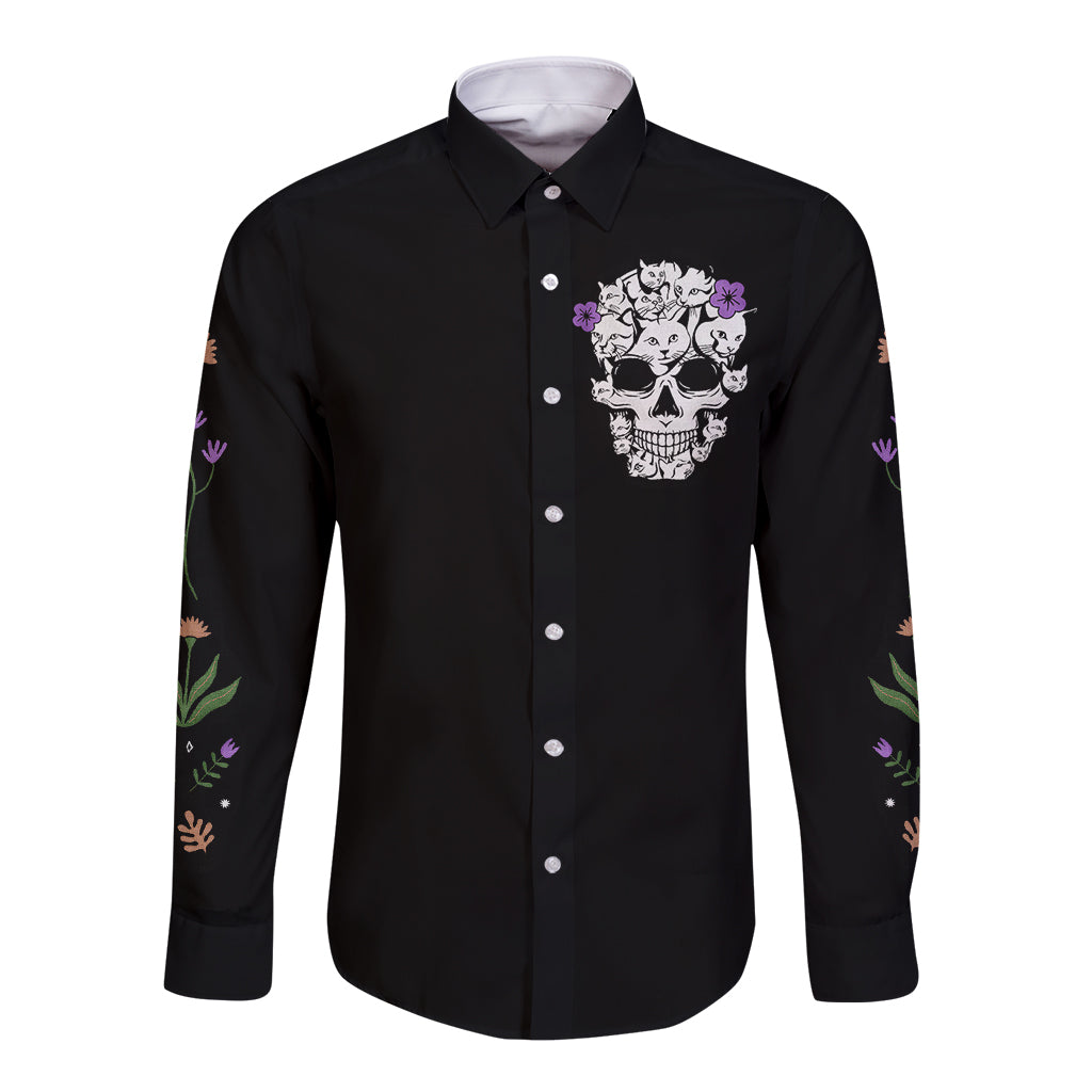 Black long-sleeve button shirt with cat skull graphic on chest