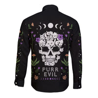 Black long-sleeve button shirt with cat skull and Purr Evill graphic on back