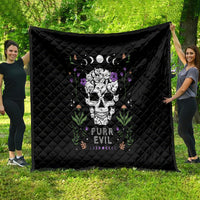 Black quilt blanket with cat skull graphic, diamond quilting, purple floral accents