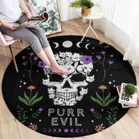 Black round cat skull rug with colorful floral stars and PURR EVIL text
