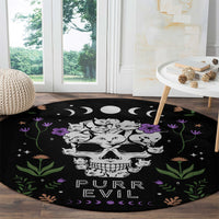 Black round cat skull rug with PURR EVIL lettering and multicolor flower and stars
