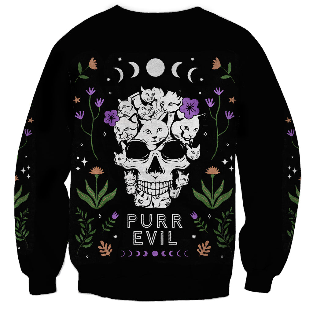 Black unisex sweatshirt with cat skull graphic, moons and text PURR EVIL on front