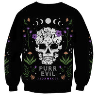 Black unisex sweatshirt with cat skull graphic, moons and text PURR EVIL on front