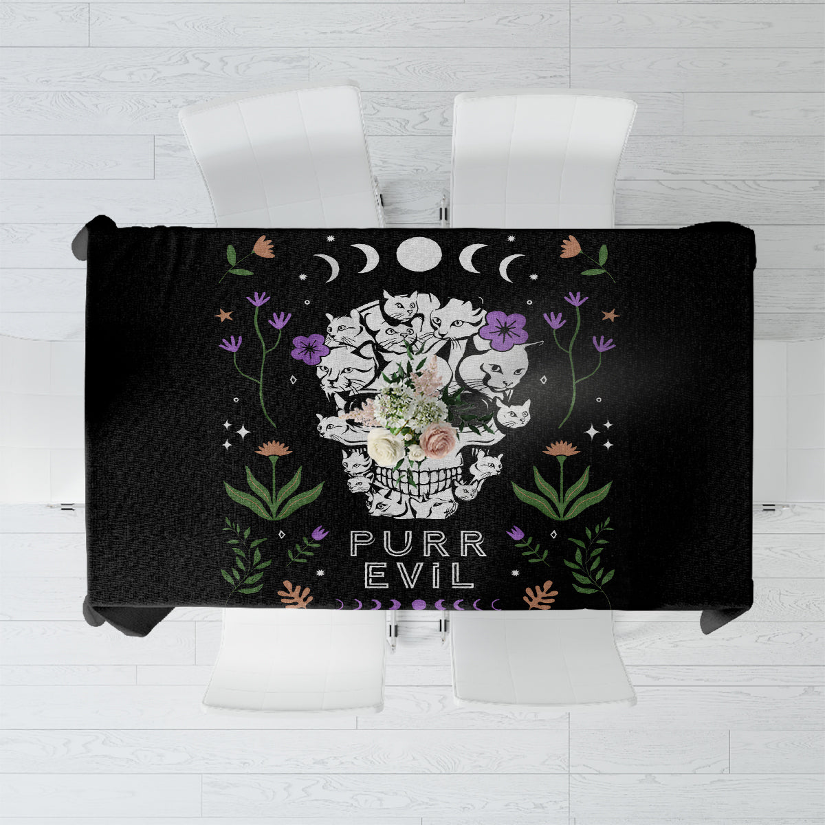 Black cat skull tablecloth with cartoon skulls, flowers, and 'Purr Evil' lettering