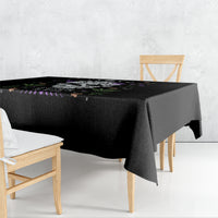 Black cat skull themed tablecloth with dark artwork and purple 'Purr Evil' text