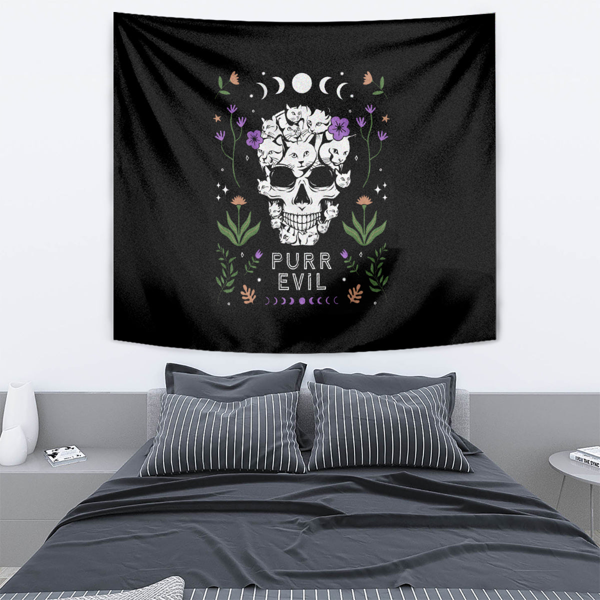Black cat skull tapestry wall hanging with 'Purr Evil' text and floral details