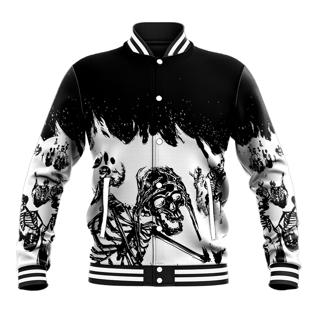 Black and white graphic baseball jacket with snap button front, striped collar and cuffs
