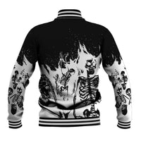 Black and white fire skull graphic baseball jacket with striped ribbed collar and cuffs