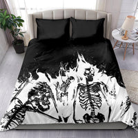 Skull-themed bedding set with black and white skeleton artwork and two matching pillowcases.