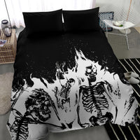 Skull-themed bedding set with black and white skeleton graphic and two pillowcases, corner view.