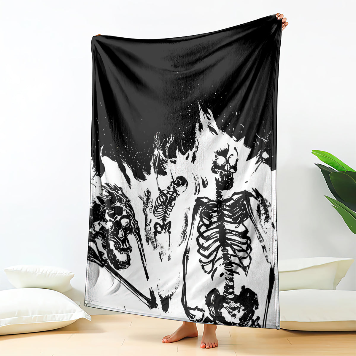 Skull skeleton graphic blanket hung up, black and white distressed print