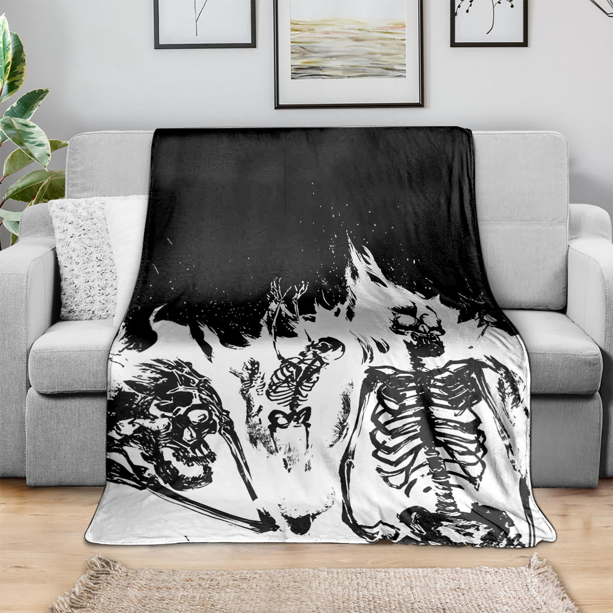 Skull skeleton graphic throw blanket, black and white with distressed artwork