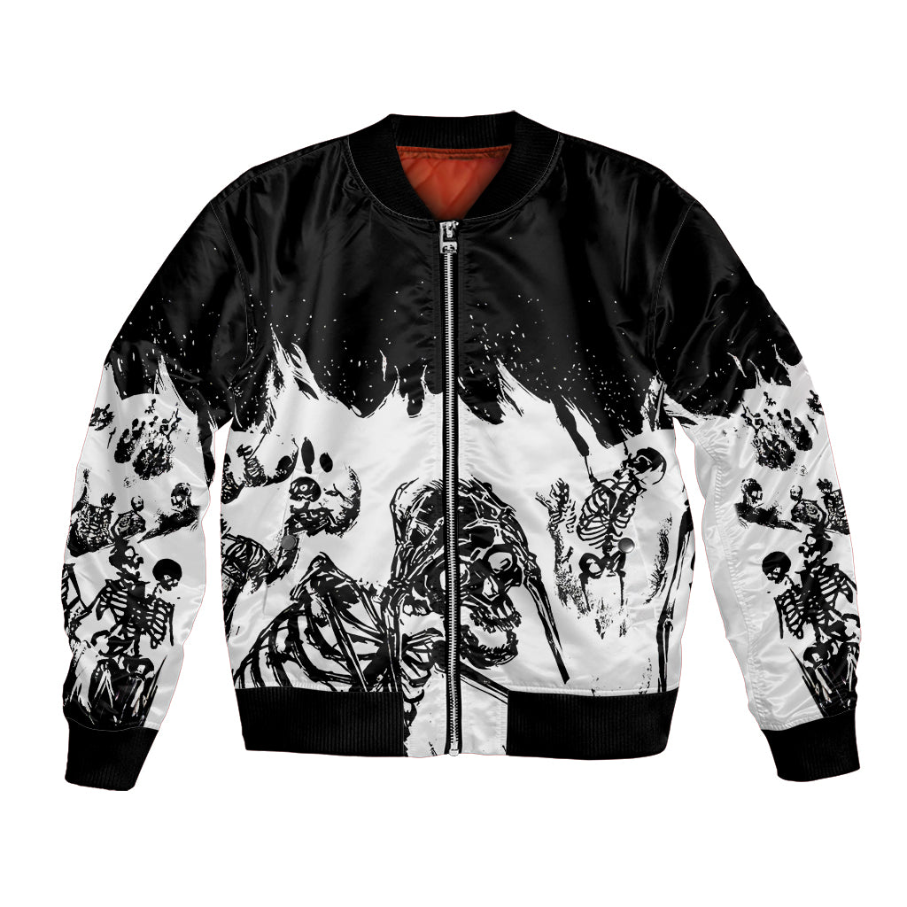 Unisex bomber jacket with front zipper, black lining peek, white/black skull and skeleton print