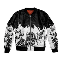 Unisex bomber jacket with front zipper, black lining peek, white/black skull and skeleton print