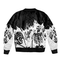 Unisex bomber jacket with black ribbed collar, white/black skull and skeleton graphic