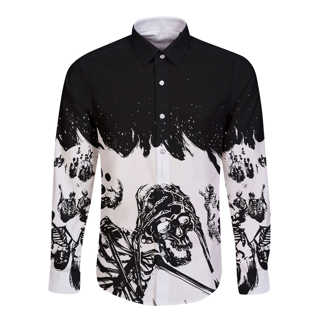 Long sleeve button shirt in black and white with front skull and skeleton graphic