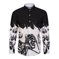 Long sleeve button shirt in black and white with front skull and skeleton graphic