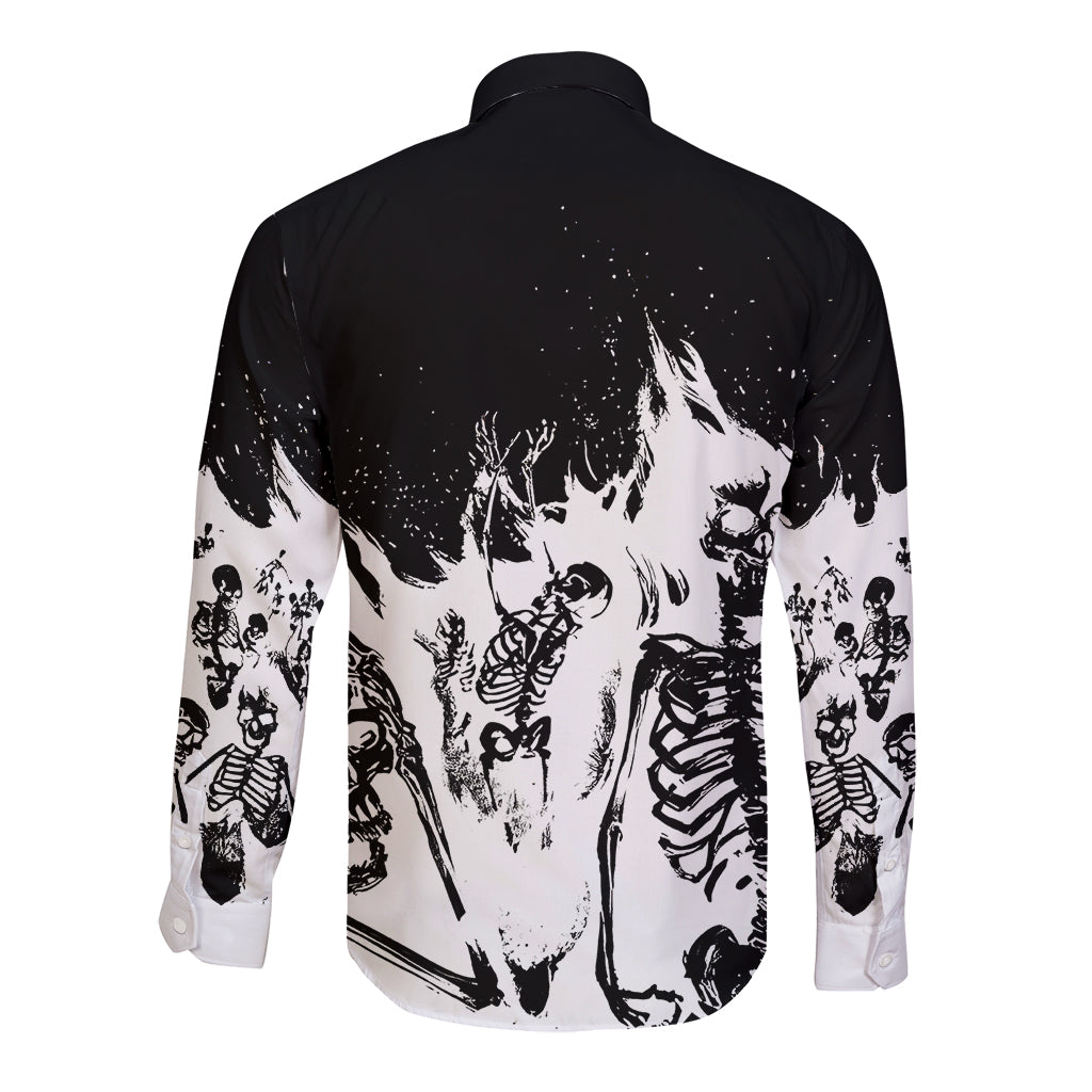 Long sleeve button shirt in black and white with back skull and skeleton graphic