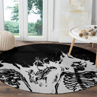 Round graphic area rug, black-and-white skull and skeleton print