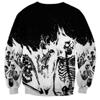 Unisex crewneck sweatshirt with black-and-white skeleton skull graphic, long sleeves