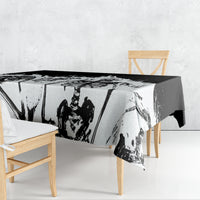 White tablecloth with black-and-gray skull and flame artwork, rectangular drop design.