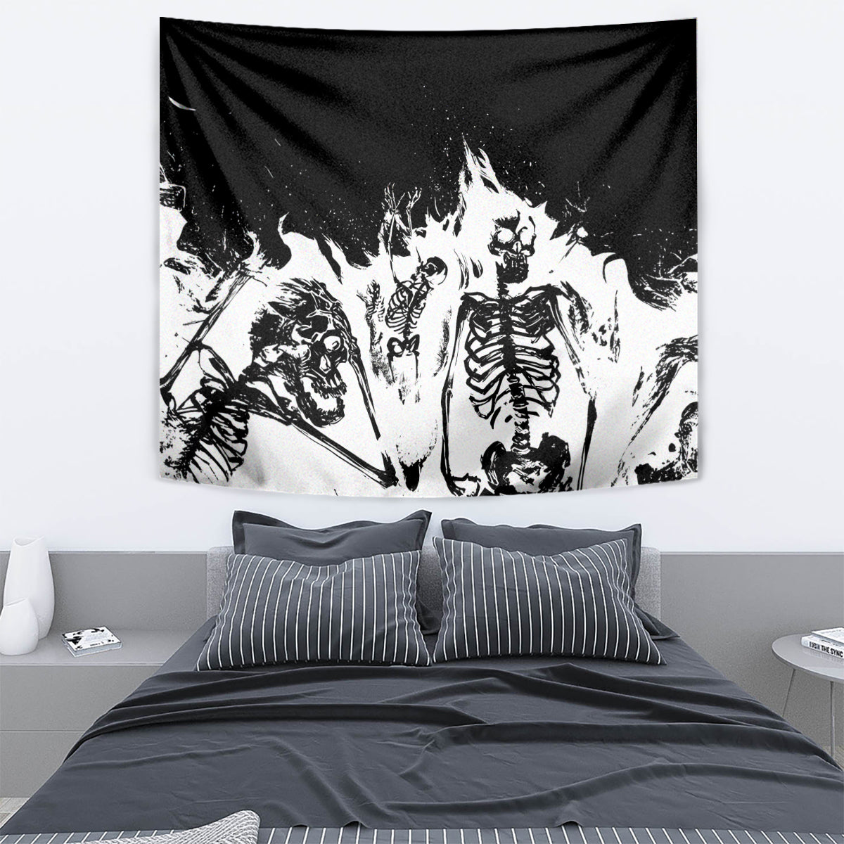 Black and white skeleton fire-themed wall tapestry with flame-like skull artwork